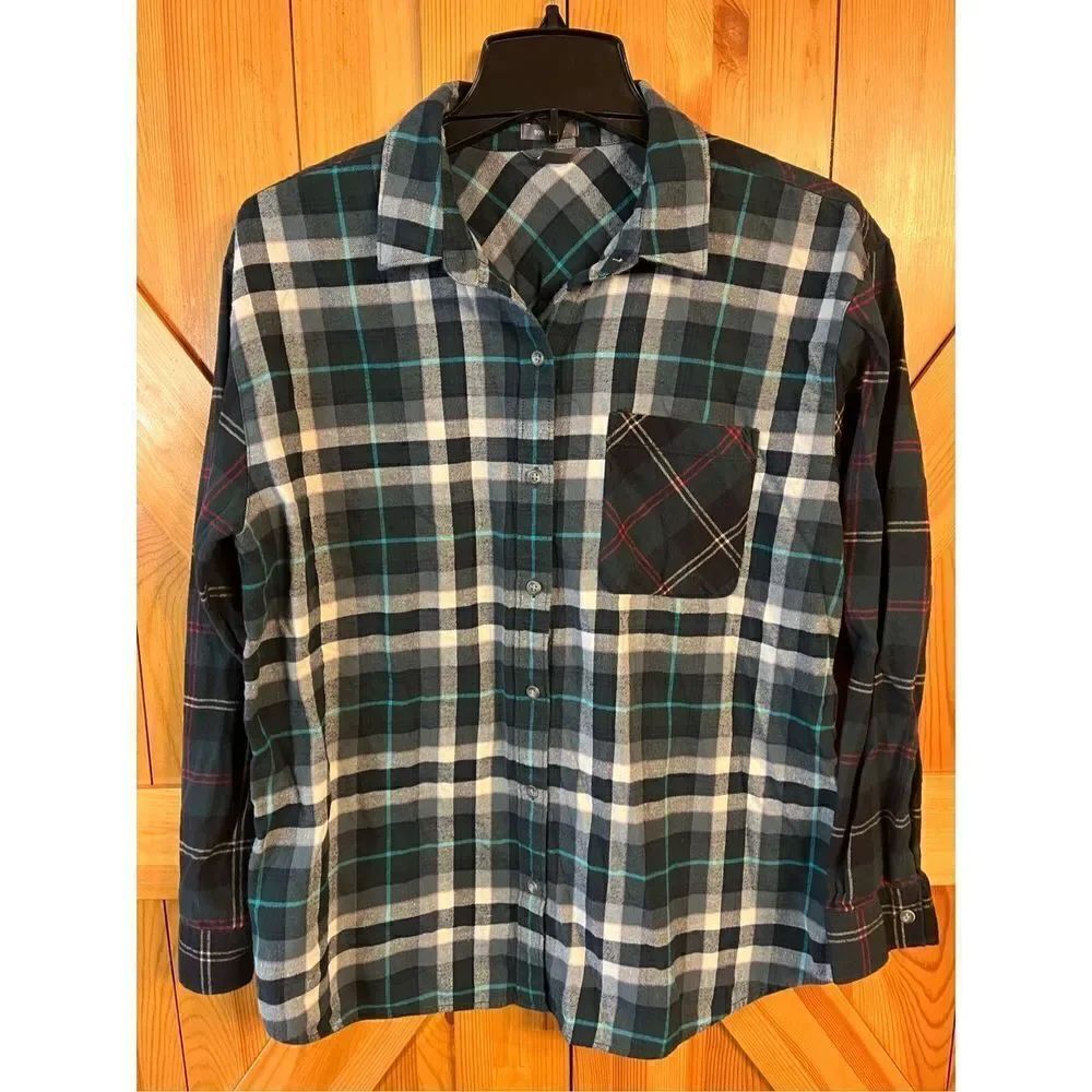 EDDIE BAUER Boyfriend Fit Flannel Shirt Button Up Green Plaid Women's Size Large